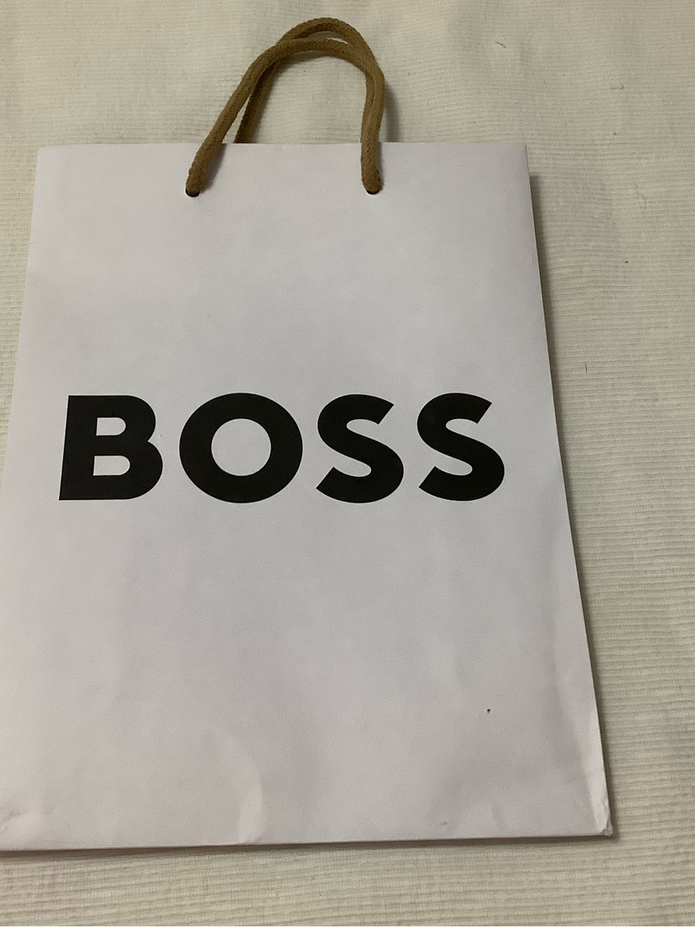Boss White Paper Gift Bag with Black Logo and Brown Rope Handles